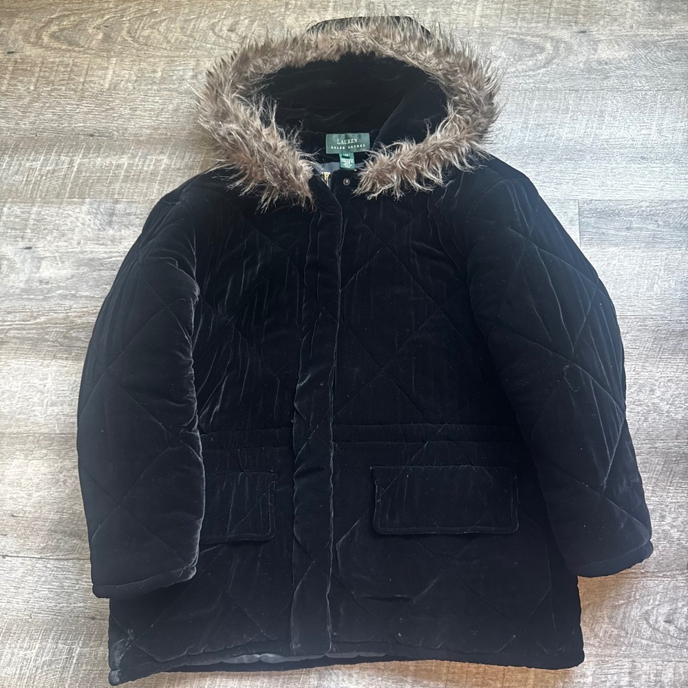 Lauren Ralph Lauren Quilted Velvet Silk Parka Size M Regular Black Faux Fur Hood